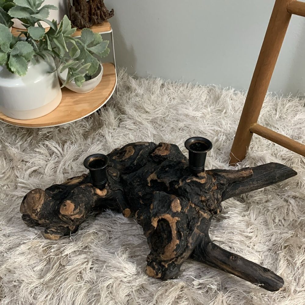 Blackened Burl Wood Candle Holder Boho Rustic Decor‎ Vintage Retro